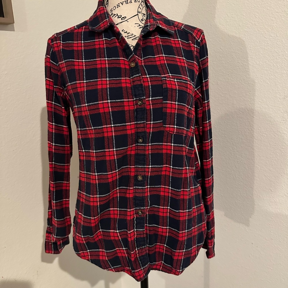Hollister Red & Navy Plaid Flannel Button-Up